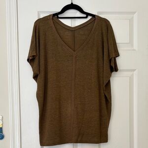 Eileen Fisher 100% Linen Jersey V Neck Tee with Unique Ribbed Neckline
